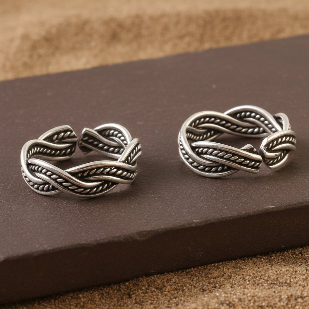 925 Silver Adjustable Braided Knot Toe Rings – Handmade Boho Ethnic Foot Jewelry - Zirak Silver