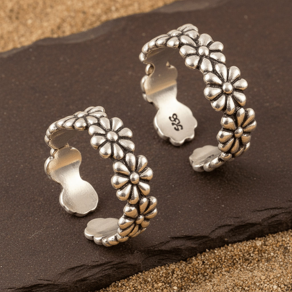 925 Silver Adjustable Daisy Flower Toe Rings – Boho Floral Foot Jewelry - Zirak Silver