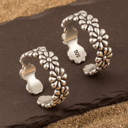925 Silver Adjustable Daisy Flower Toe Rings – Boho Floral Foot Jewelry - Zirak Silver