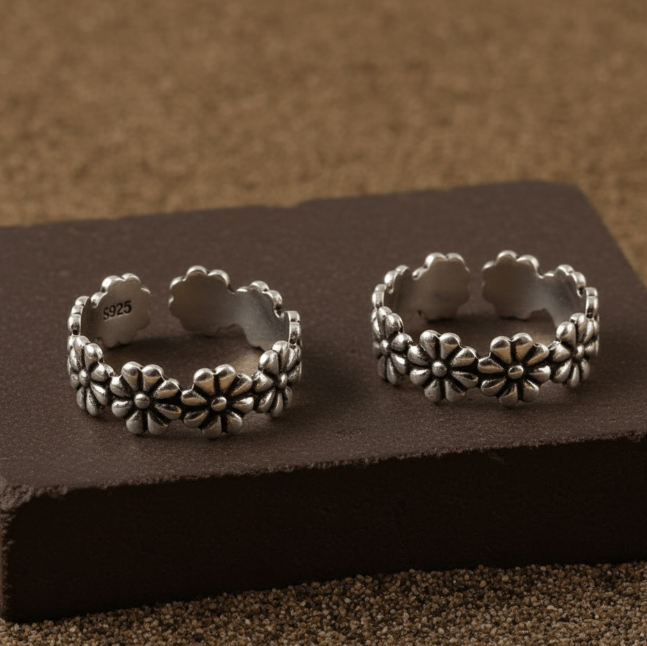 925 Silver Adjustable Daisy Flower Toe Rings – Boho Floral Foot Jewelry - Zirak Silver