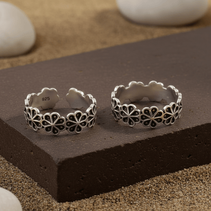 925 Silver Adjustable Floral Toe Rings – Handmade Oxidized Boho Foot Jewelry - Zirak Silver