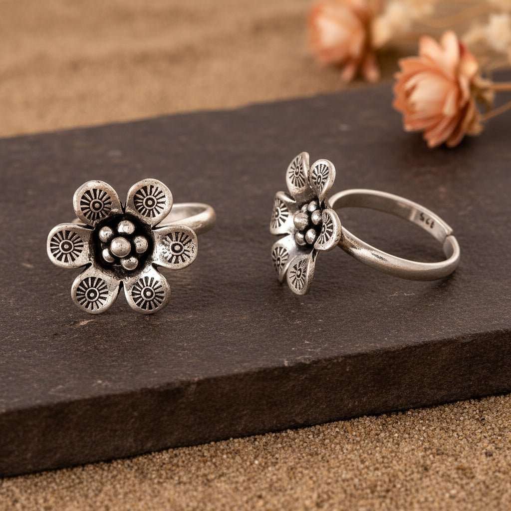 925 Silver Adjustable Floral Toe Rings – Handmade Oxidized Flower Design - Zirak Silver