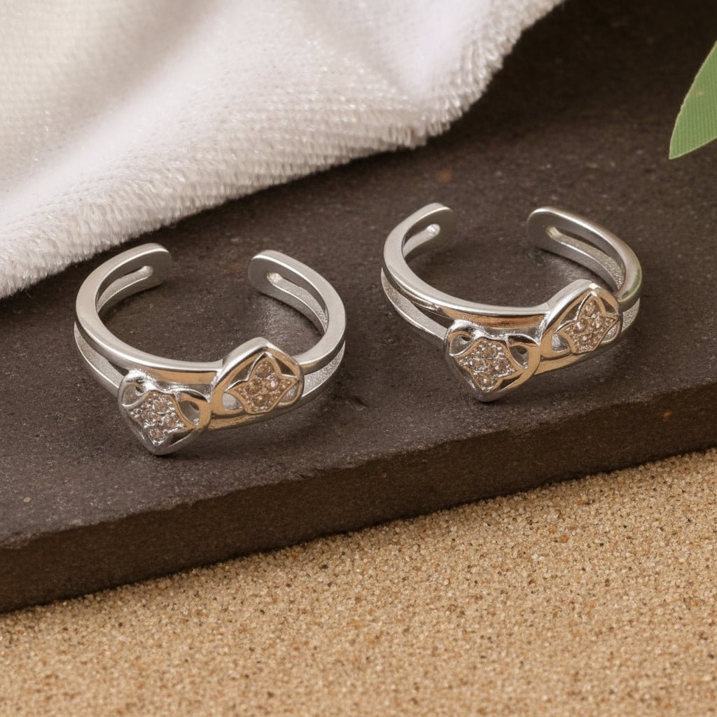 925 Silver Adjustable Heart Toe Rings with Clear Cubic Zirconia – Handmade Romantic Foot Jewelry - Zirak Silver