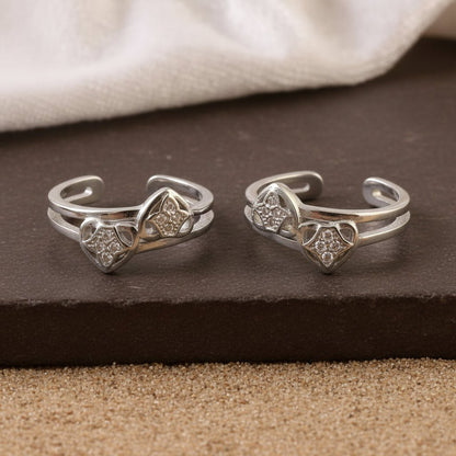 925 Silver Adjustable Heart Toe Rings with Clear Cubic Zirconia – Handmade Romantic Foot Jewelry - Zirak Silver