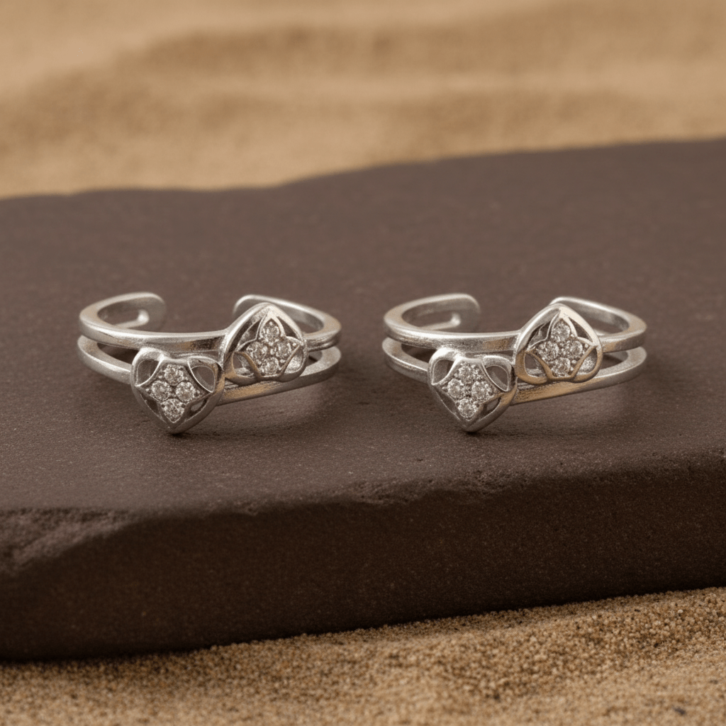 925 Silver Adjustable Heart Toe Rings with Clear Cubic Zirconia – Handmade Romantic Foot Jewelry - Zirak Silver