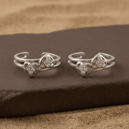 925 Silver Adjustable Heart Toe Rings with Clear Cubic Zirconia – Handmade Romantic Foot Jewelry - Zirak Silver