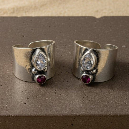 925 Silver Adjustable Toe Ring with Pear CZ & Ruby CZ - Zirak Silver