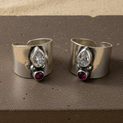 925 Silver Adjustable Toe Ring with Pear CZ & Ruby CZ - Zirak Silver