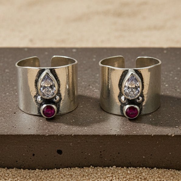 925 Silver Adjustable Toe Ring with Pear CZ & Ruby CZ - Zirak Silver