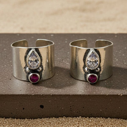 925 Silver Adjustable Toe Ring with Pear CZ & Ruby CZ - Zirak Silver