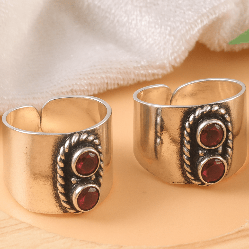925 Silver Adjustable Toe Ring with Ruby Red Cubic Zirconia Stones – Handmade Ethnic Boho Jewelry - Zirak Silver