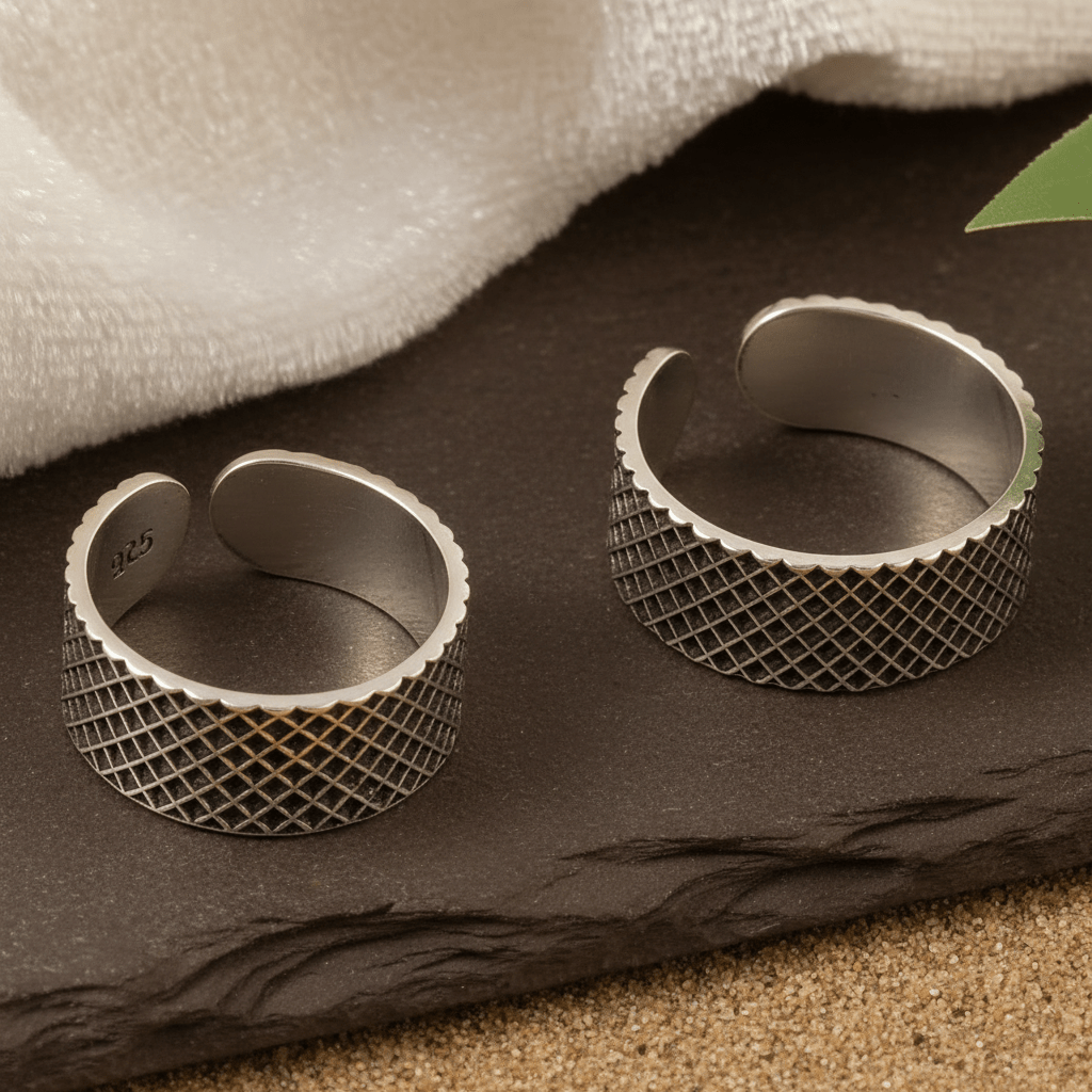 925 Silver Adjustable Toe Ring with Vintage Criss - Cross Grid Design – Handmade Boho Jewelry - Zirak Silver