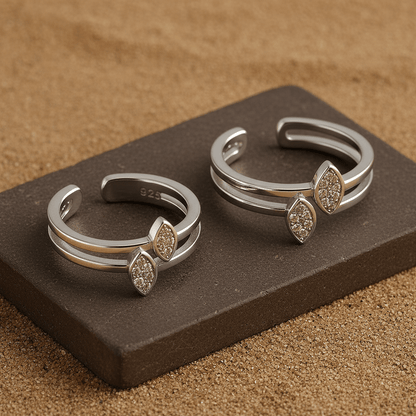925 Silver Adjustable Toe Ring with White Cubic Zirconia – Minimalist Double Band Jewelry - Zirak Silver