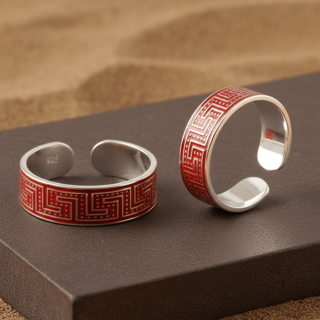 925 Silver Adjustable Toe Rings with Red Enamel Pattern – Handmade Ethnic Foot Jewelry - Zirak Silver