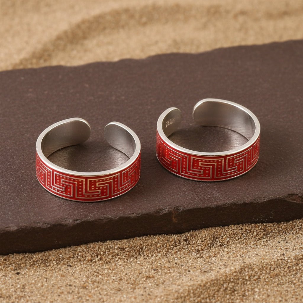 925 Silver Adjustable Toe Rings with Red Enamel Pattern – Handmade Ethnic Foot Jewelry - Zirak Silver