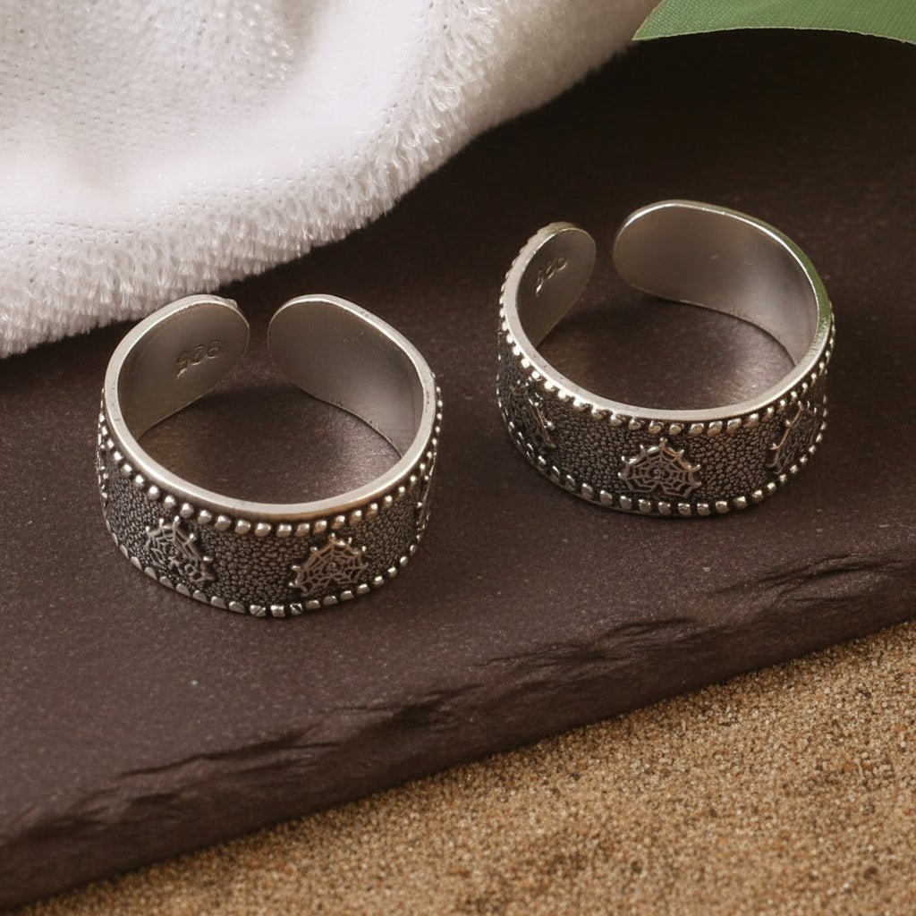 925 Silver Adjustable Wide Band Toe Rings with Mandala Design – Oxidized Ethnic Foot Jewelry - Zirak Silver