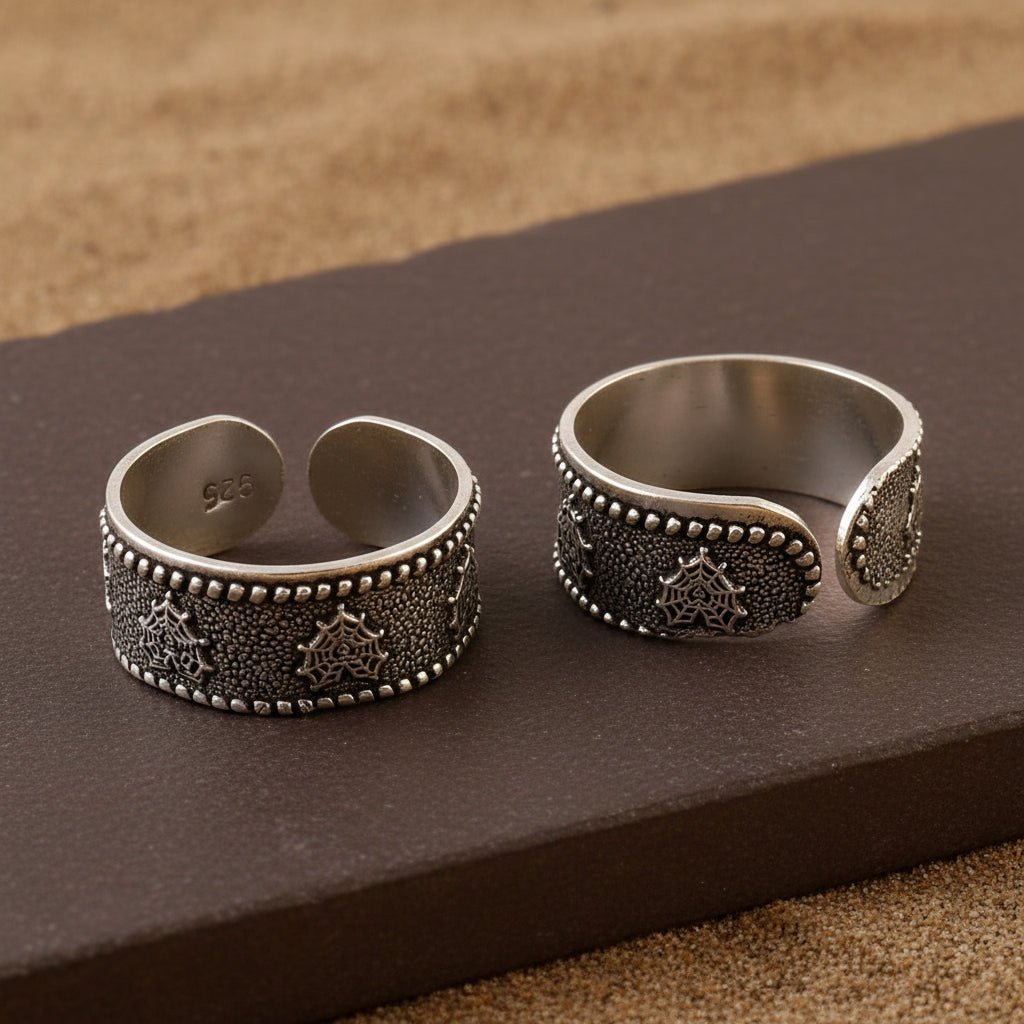 925 Silver Adjustable Wide Band Toe Rings with Mandala Design – Oxidized Ethnic Foot Jewelry - Zirak Silver