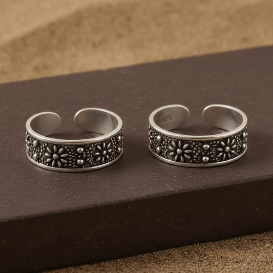 925 Silver Adjustable Wide Band Toe Rings with Oxidized Floral Pattern – Handmade Ethnic Foot Jewelry - Zirak Silver