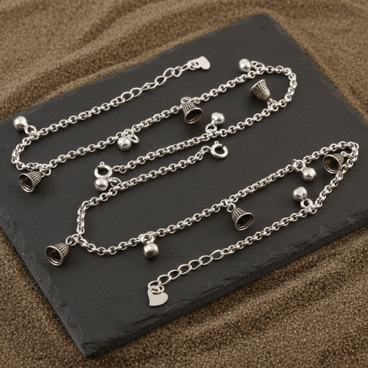 925 Silver Anklet with Bell & Basket Charms | Handmade Oxidized Silver Payal for Women & Girls - Zirak Silver