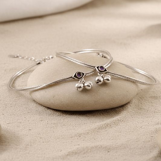 925 Silver Anklet with Purple Stone & Double Layer Bells – Handmade Oxidized Payal - Zirak Silver