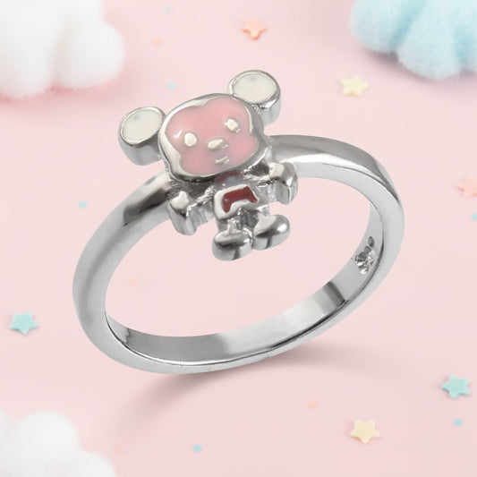 925 Silver Baby Ring with Pink & White Enamel Teddy Design - Zirak Silver