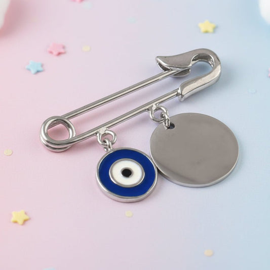 925 Silver Baby Safety Pin with Blue Evil Eye Enamel Charm - Zirak Silver