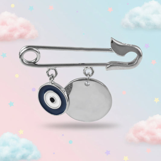 925 Silver Baby Safety Pin with Blue Evil Eye Enamel Charm - Zirak Silver