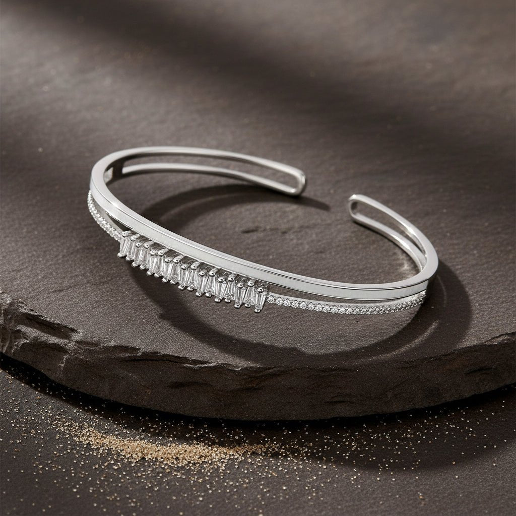 925 Silver Baguette CZ Open Cuff Bracelet - Zirak Silver