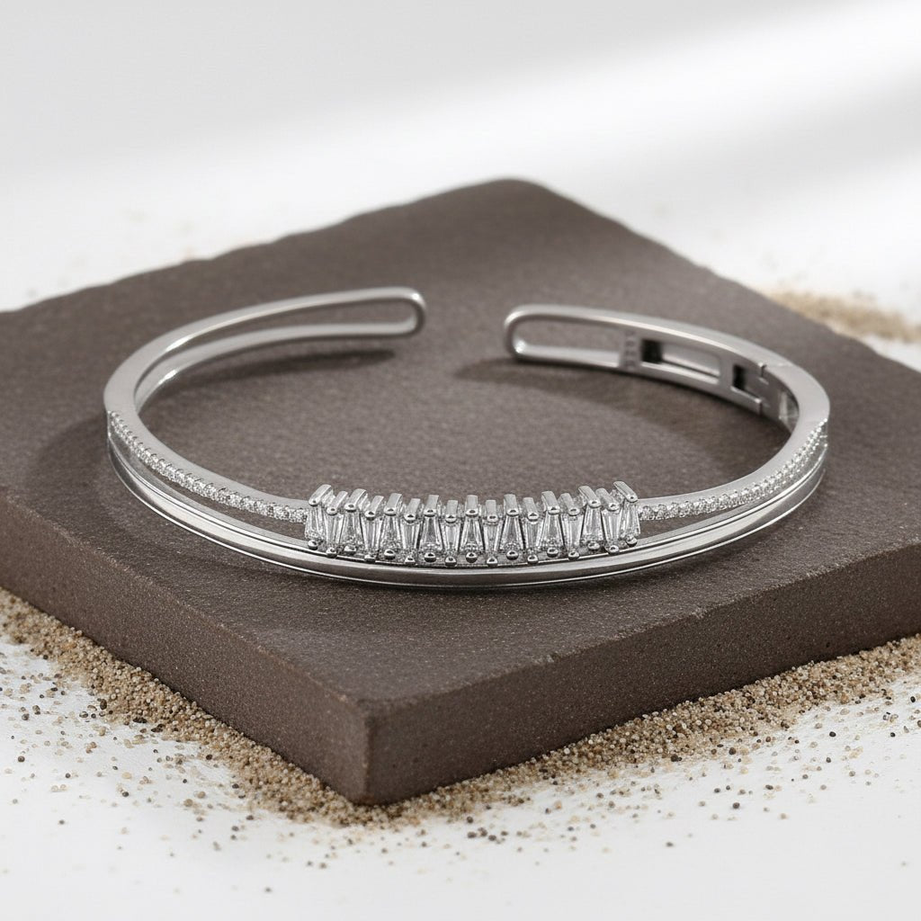 925 Silver Baguette CZ Open Cuff Bracelet - Zirak Silver