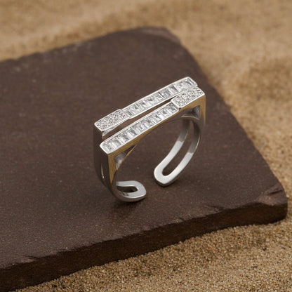 925 Silver Baguette Double Band Ring | Adjustable Geometric CZ Ring | Modern Minimalist Jewelry for Women - Zirak Silver