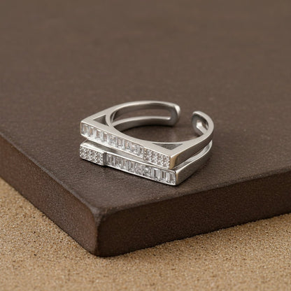 925 Silver Baguette Double Band Ring | Adjustable Geometric CZ Ring | Modern Minimalist Jewelry for Women - Zirak Silver