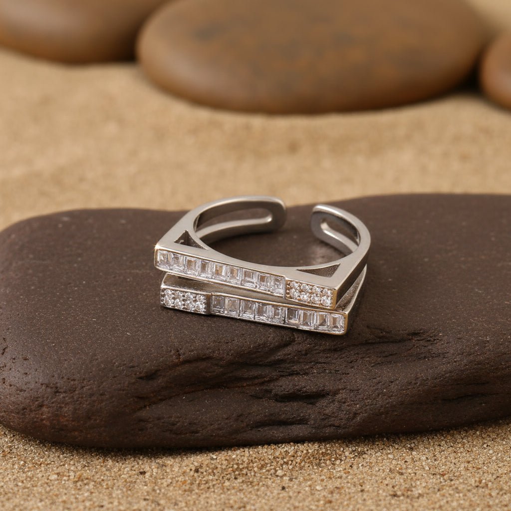 925 Silver Baguette Double Band Ring | Adjustable Geometric CZ Ring | Modern Minimalist Jewelry for Women - Zirak Silver
