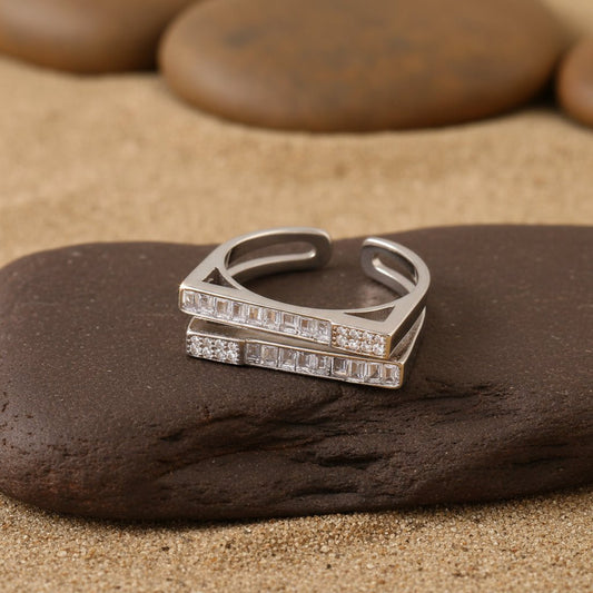 925 Silver Baguette Double Band Ring | Adjustable Geometric CZ Ring | Modern Minimalist Jewelry for Women - Zirak Silver