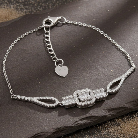 925 Silver Baguette Halo Statement Bracelet with Adjustable Chain - Zirak Silver