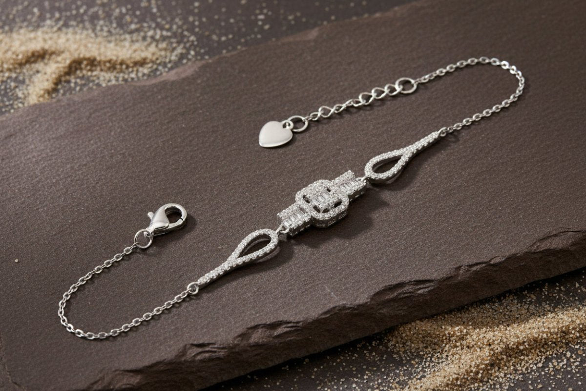 925 Silver Baguette Halo Statement Bracelet with Adjustable Chain - Zirak Silver