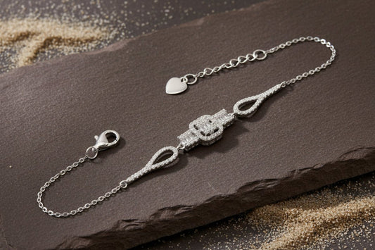 925 Silver Baguette Halo Statement Bracelet with Adjustable Chain - Zirak Silver