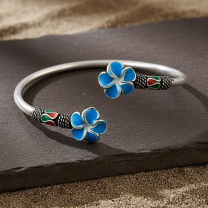 925 Silver Blue Enamel Floral Open Cuff Bracelet - Zirak Silver
