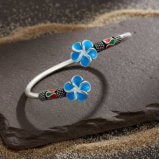 925 Silver Blue Enamel Floral Open Cuff Bracelet - Zirak Silver