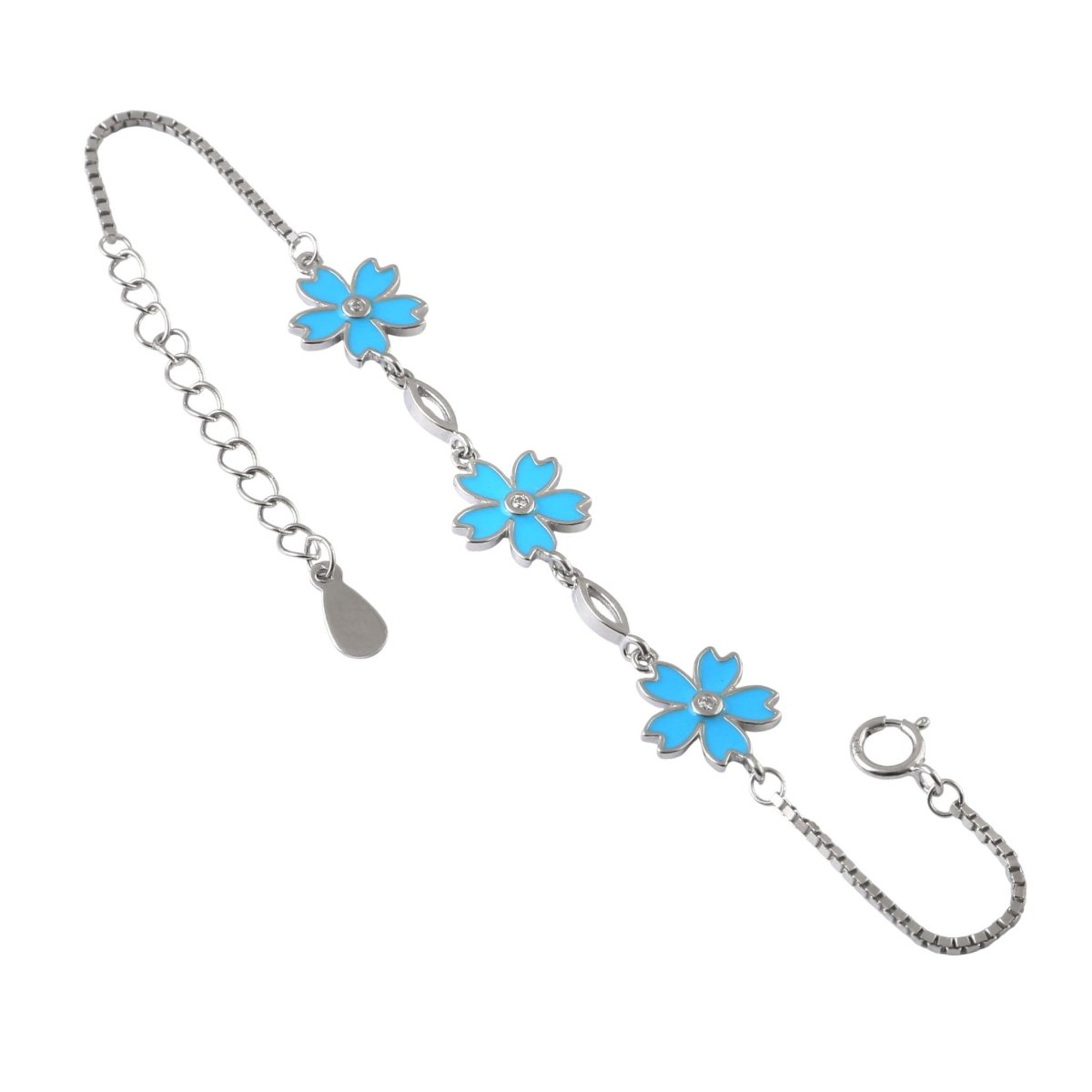925 Silver Blue Enamel Flower Bracelet with Adjustable Chain - Zirak Silver