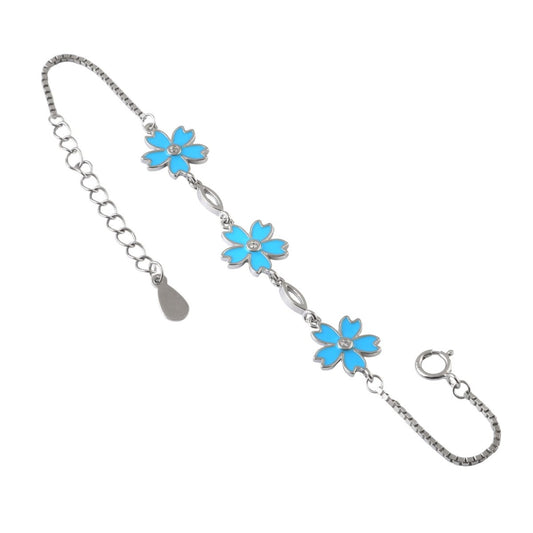 925 Silver Blue Enamel Flower Bracelet with Adjustable Chain - Zirak Silver