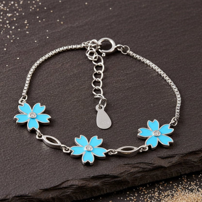 925 Silver Blue Enamel Flower Bracelet with Adjustable Chain - Zirak Silver