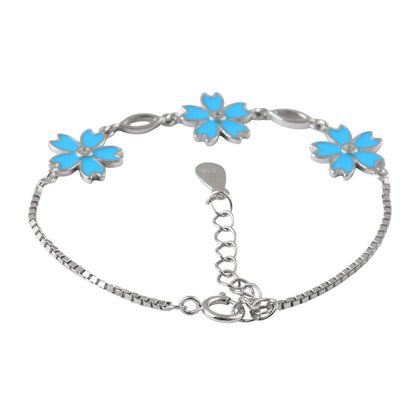 925 Silver Blue Enamel Flower Bracelet with Adjustable Chain - Zirak Silver
