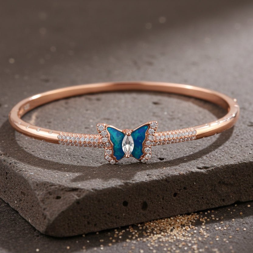 925 Silver Blue Opal Butterfly Rose Gold Bangle Bracelet - Zirak Silver