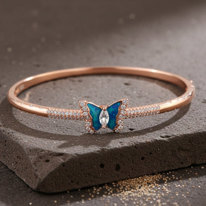 925 Silver Blue Opal Butterfly Rose Gold Bangle Bracelet - Zirak Silver