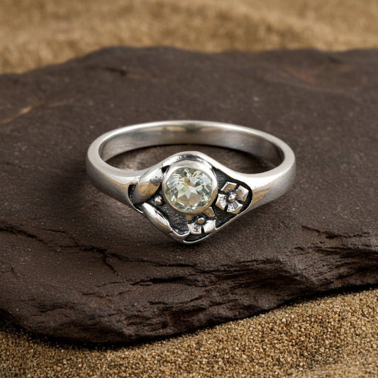 925 Silver Blue Topaz Solitaire Ring – Delicate Vintage - Inspired Floral Design - Zirak Silver