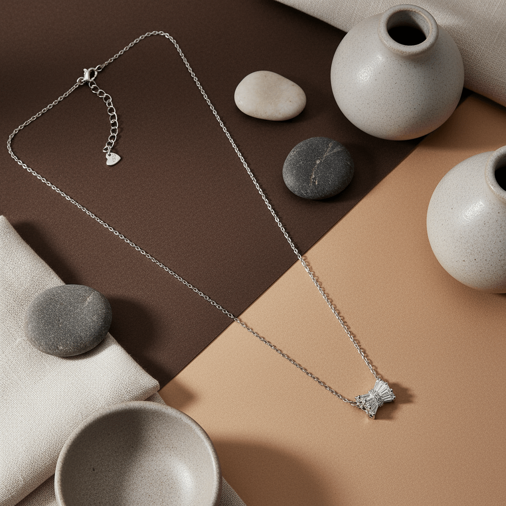 925 Silver Bow Crystal Pendant Necklace - Zirak Silver