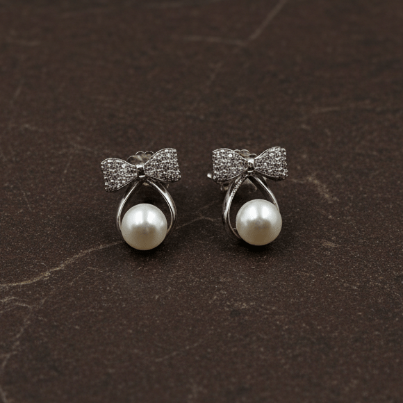 925 Silver Bow Pearl Stud Earrings - Zirak Silver