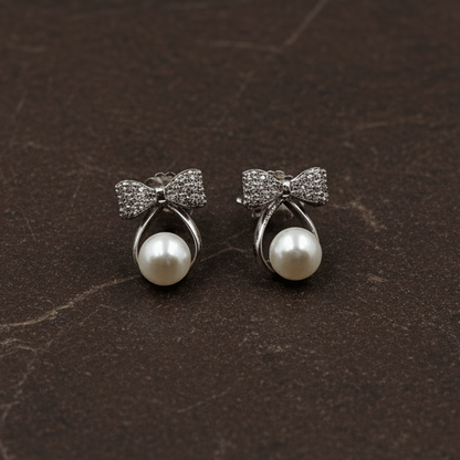 925 Silver Bow Pearl Stud Earrings - Zirak Silver