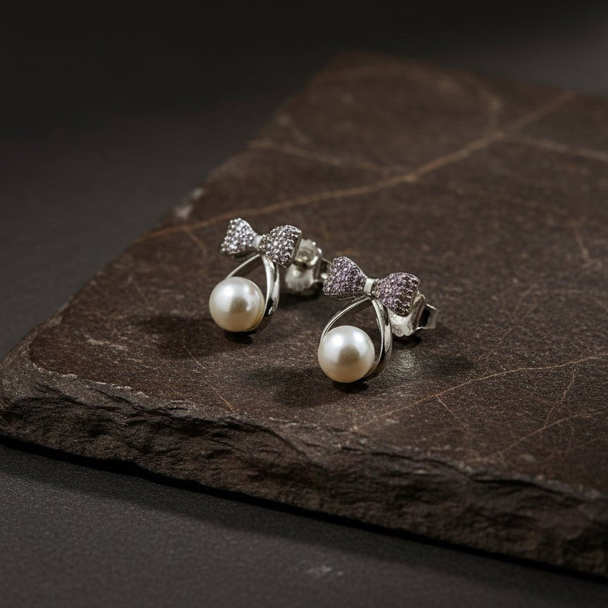 925 Silver Bow Pearl Stud Earrings - Zirak Silver