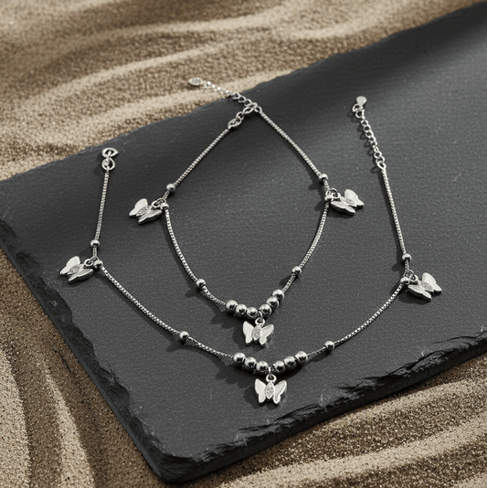 925 Silver Butterfly Charm Anklet with Beads - Zirak Silver